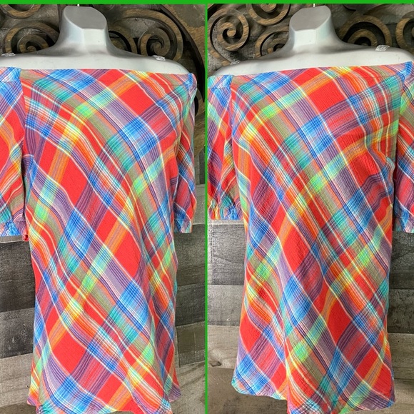 Ralph Lauren 90s y2k Plaid Off Shoulder Blouse Colorful Checkered Preppy - Picture 13 of 16